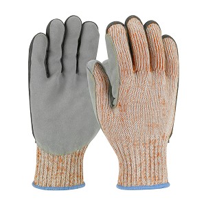 PIP 09-H550SLPV Scrap King Seamless Knit PolyKor Blended Glove with Split Cowhide Leather Palm and Aramid Stitching - Vend-Ready 