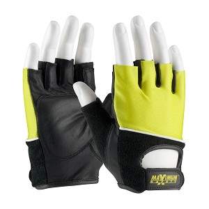 PIP 122-AV70 Maximum Safety Leather Palm Lifting Gloves with Reinforced Padded Palm Insert - Hi-Vis Yellow Cotton Back 