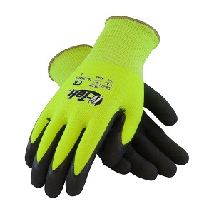 PIP 16-340LG G-Tek PolyKor Hi-Vis Seamless Knit PolyKor Blended Glove with Double-Dipped Nitrile Coated MicroSurface Grip on Palm & Fingers 