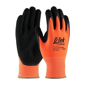PIP 16-340OR G-Tek PolyKor Hi-Vis Seamless Knit PolyKor Blended Glove with Double-Dipped Nitrile Coated MicroSurface Grip on Palm & Fingers 