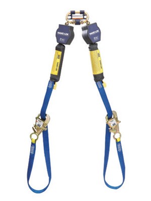 DBI/SALA 9' Nano-Lok Tie-Back Twin Leg Self-Retracting Nylon Web Lifeline With WRAPABAX Gated Snap Hook And Fixed D-Ring Connector 