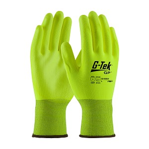 PIP 33-425LY  G-Tek GP Hi-Vis Seamless Knit Polyester Glove with Polyurethane Coated Flat Grip on Palm & Fingers 
