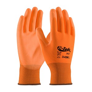 PIP 33-425OR G-Tek GP Hi-Vis Seamless Knit Polyester Glove with Polyurethane Coated Flat Grip on Palm & Fingers 