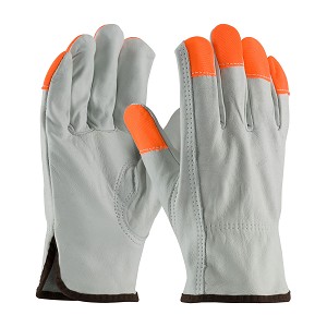 PIP 68-163HV Regular Grade Top Grain Cowhide Leather Drivers Glove with Hi-Vis Fingertips - Keystone Thumb 