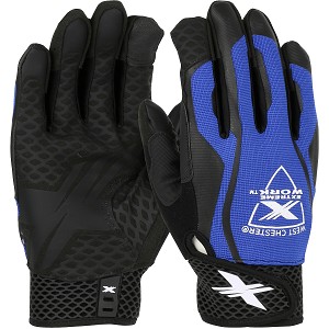 PIP 89302 Extreme Work LocX-On Synthetic Leather Palm with Silicone Grip, Blue Fabric Back & Touchscreen Index Finger - XLock Cuff 