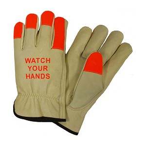 PIP 990KOT Regular Grade Top Grain Cowhide Leather Drivers Glove with Hi-Vis Fingertips and "WATCH YOUR HANDS" Logo - Keystone Thumb 