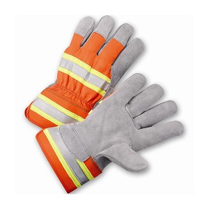 PIP HVO500 Premium Grade Split Cowhide Leather Palm Glove with Hi-Vis Nylon Back - Rubberized Safety Cuff 