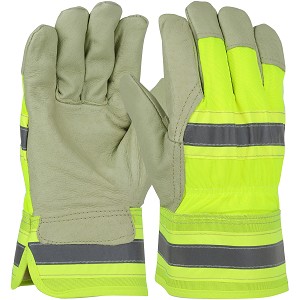 PIP HVY5555 Pigskin Leather Palm Glove with Hi-Vis Nylon Back and Thermal Lining - Rubberized Safety Cuff 